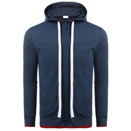 Dark Blue Men's Drawstring Long Sleeve Zip Casual Hoodie