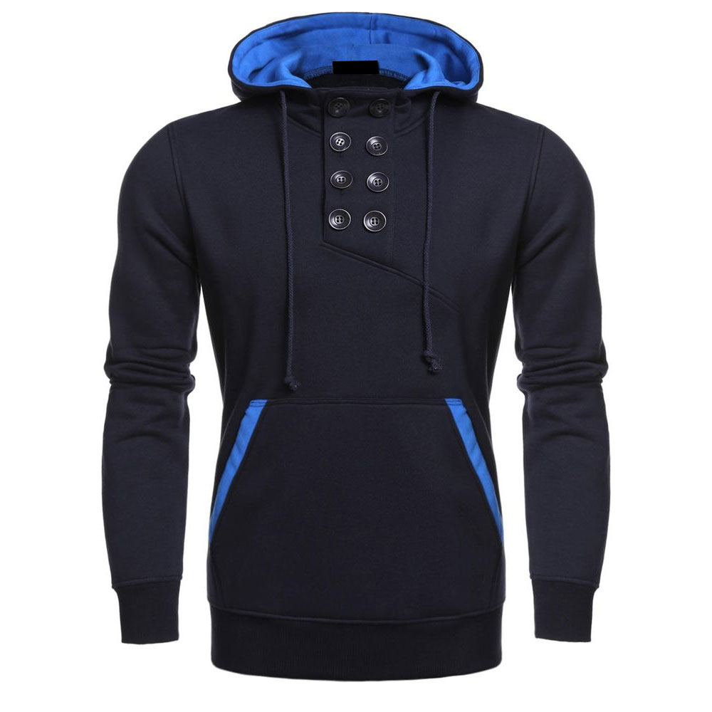 Navy Blue Men's Hooded Button Pullover Casual Fleece Hoodie Navy Blue Men's Hooded Button Pullover Casual Fleece Hoodie